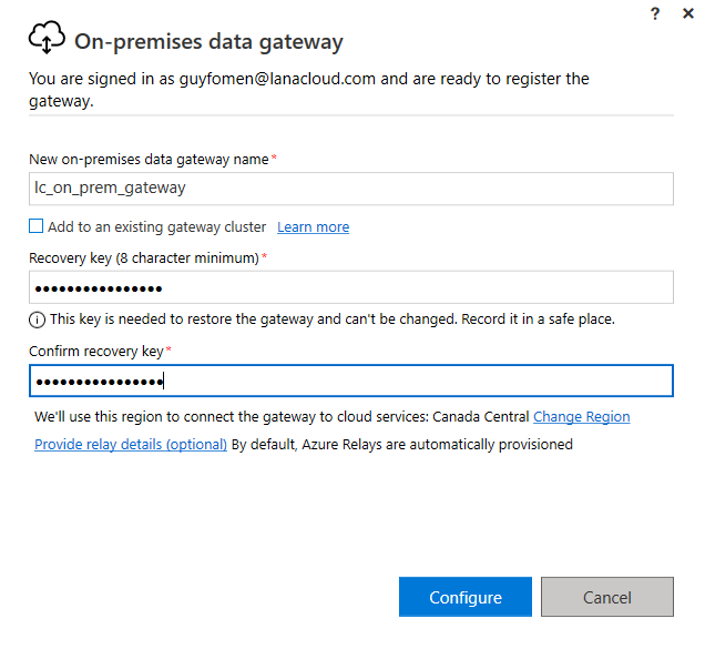 Gateway registration form — gateway name, recovery key, region, and signed-in account